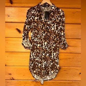 FASION NOVA Long Sleeve Animal Print Mini Shirt Collared Dress S